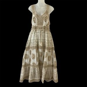 Dress Naoo Embroidered Crochet Maxi Tiered Dress M Cream Boho Regency Sleeveless